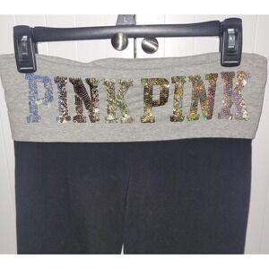 PINK Victoria's Secret Yoga Pant Black Bling Logo foldover Flare Small Short Y2K
